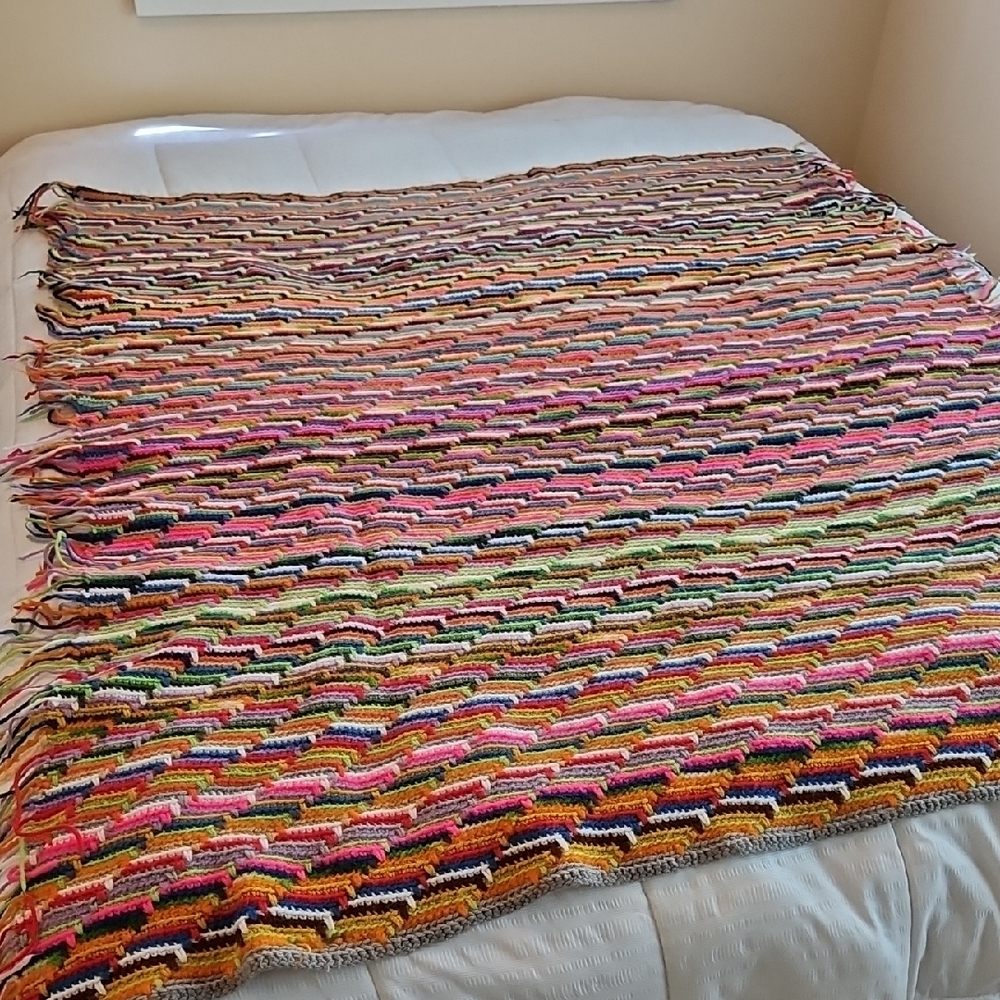 Vintage Handmade Crocheted Blanket Afgan In Rainbow Colors